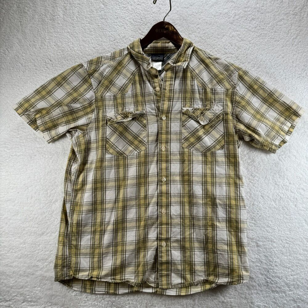 Patagonia Plaid Short Sleeve Button Down Casual Shirt Organic Yellow Men Size M